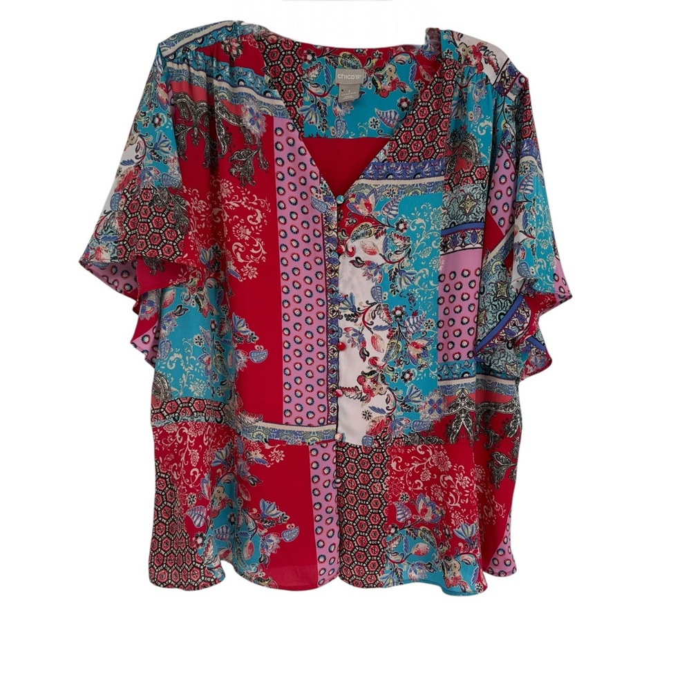 Chico’s 3 (16/XL) Patchwork Peplum Flutter Short Sleeve Blouse Top Red Blue